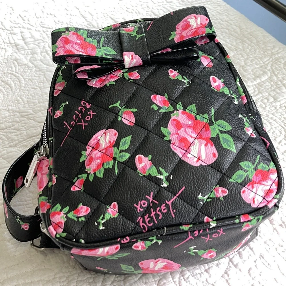 Betsey Johnson Floral Black Mini Backpack with Pink Accents - Picture 6 of 12